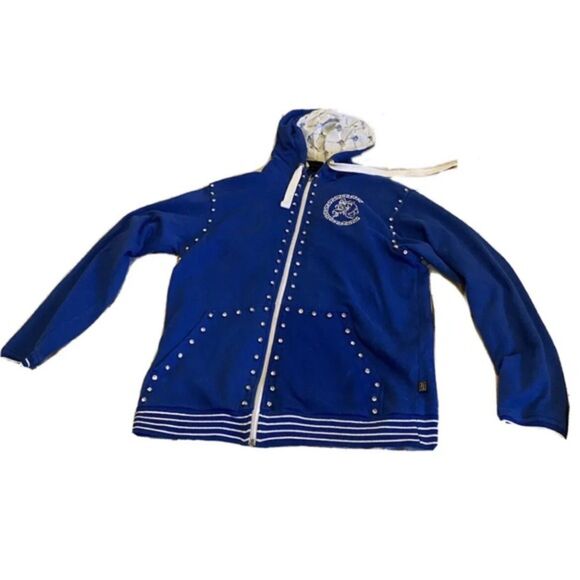 VINTAGE JEWELIUS CEZER BLUE EMBELLISHED GRAPHIC LOGO TRACK JACKET MEN’S SZ M